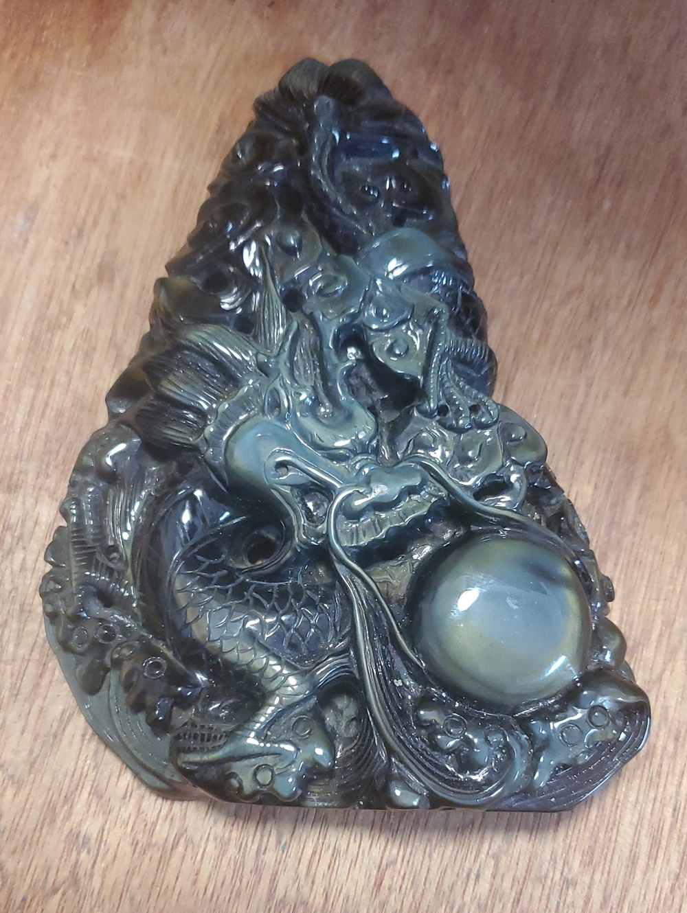Carved Dragon Stone Figurine with Orb - Dark Green Nephrite Jade GS